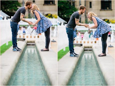 Kissing across water engagement shoot pose in Sheffiled UK 