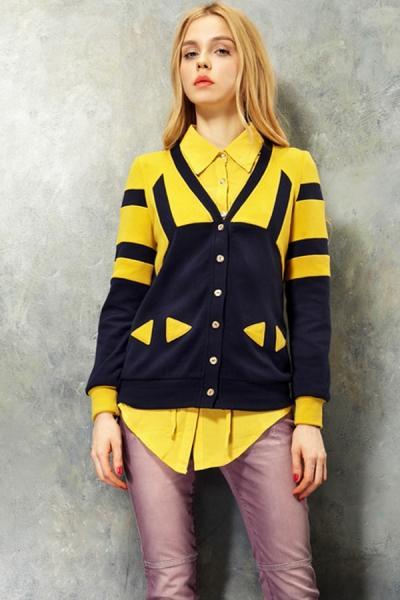 Fashion Color Block V neck Long Sleeve Cardigan Add a Colorful Cardigan To Your Outfit