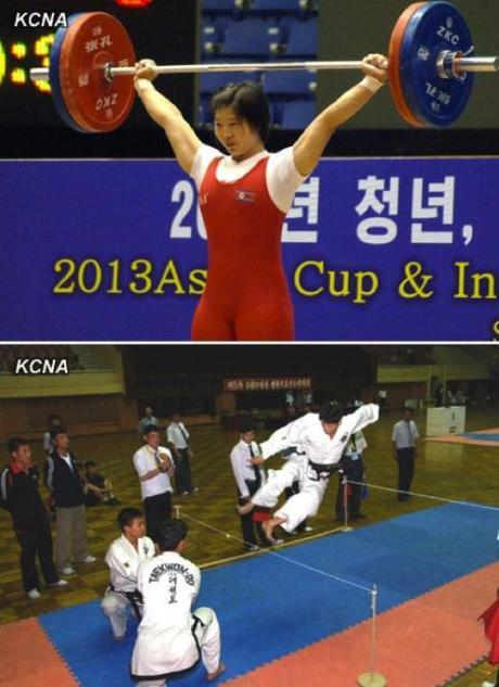 The 2013 Asian Cup and Interclub Junior and Senior Weightlifting Championship (top) and 10 September Prize Martial Arts Contest (bottom) were held in Pyongyang during 10-18 September 2013 (Photos: KCNA)
