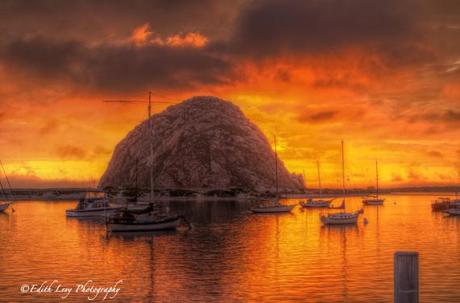 Morro Bay, California, Morro Rock, marina, sunset, boats, water, fiery sky, travel photography