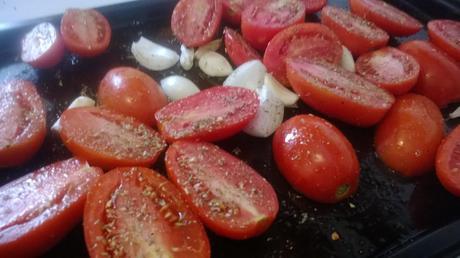 Tomatoes with onion, garlic, salt and pepper and crushed red pepper flakes