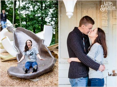 Couple having fun at engagement shoot in stockeld park in Yorkshire