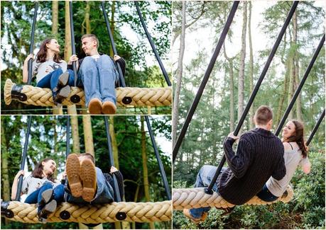 Engaged couple on a rope swing at stockeld park yorkshire