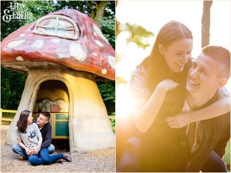 Fun couple poses in front of toadstool at stockeld park with low afternoon sun 