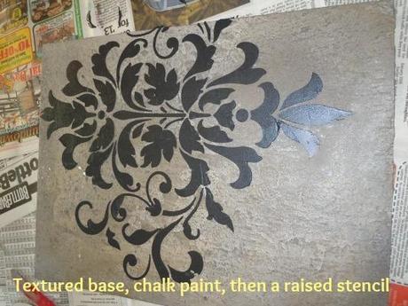 a textured base, Annie Sloan Chalk Paint in Paris Grey, Ebony metallic plaster embossed over it