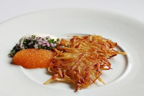 Grated potato pancakes with bleak roe, sour cream and onions #117