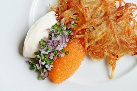 Grated potato pancakes with bleak roe, sour cream and onions #117