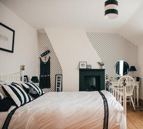 Black and White Bedroom with Polka Dot Wallpaper