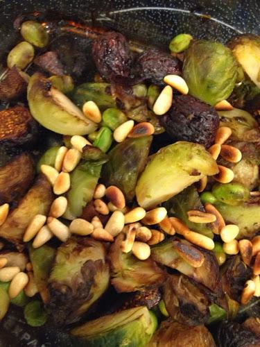 Roasted Fig Brussels Sprouts with Farro, Edamame and Toasted Pine Nuts