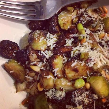 Roasted Fig Brussels Sprouts with Farro, Edamame and Toasted Pine Nuts