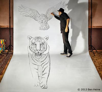 Ben Heine Art - 3D Drawing - Pencil Vs Camera - Tiger Owl and Artist in Forest - 2013