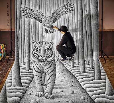 Ben Heine Art - 3D Drawing - Pencil Vs Camera - Tiger Owl and Artist in Forest - 2013