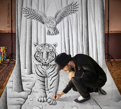 Ben Heine Art - 3D Drawing - Pencil Vs Camera - Tiger Owl and Artist in Forest - 2013