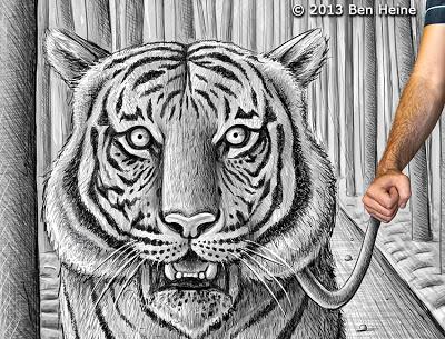 Ben Heine Art - 3D Drawing - Pencil Vs Camera - Tiger Owl and Artist in Forest - 2013