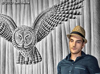 Ben Heine Art - 3D Drawing - Pencil Vs Camera - Tiger Owl and Artist in Forest - 2013