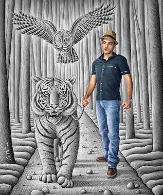 Ben Heine Art - 3D Drawing - Pencil Vs Camera - Tiger Owl and Artist in Forest - 2013