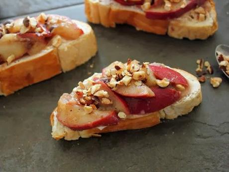 A Dessert Tartine with Sauteed Cardamom and Rose Pears and Toasted Hazelnuts