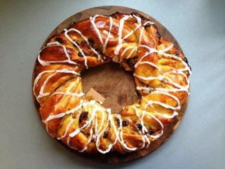 apricot couronne plaited sweet enriched dough with fruit filling and iced topping