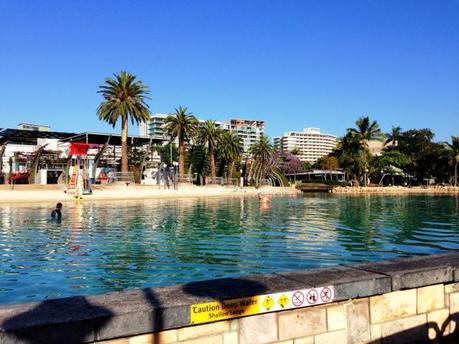 Swimmers enjoying an early morning dip at South Bank beach before the crowds arrive. 