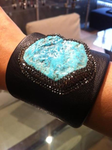 Roni Blanshay leather and turquoise slice cuff