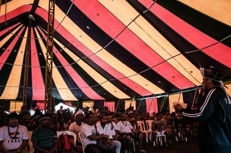 Indigenous protesters gather at the encampment outside the National Congress in Brasilia