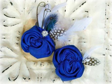 Blue Fabric Flower and Feather Boutonniere