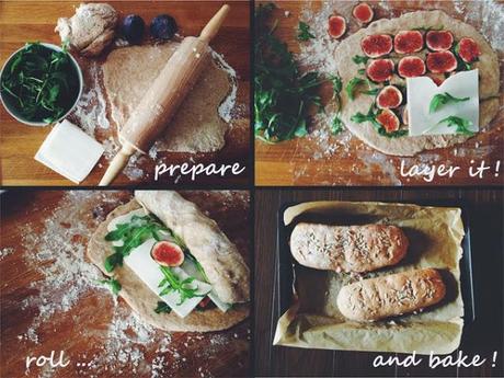easy bread recipe (optional: filled with goat cheese, figs, arugula)