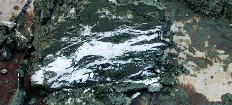 Structure of a gas hydrate (methane clathrate) block embedded in the sediment of hydrate ridge, off Oregon, USA. (Credit: Wusel007, http://commons.wikimedia.org/wiki/User:Wusel007)