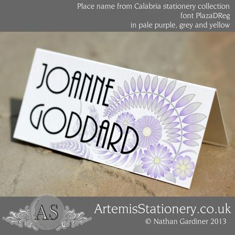 Calabria place name in pale purple, gray and yellow with art deco font