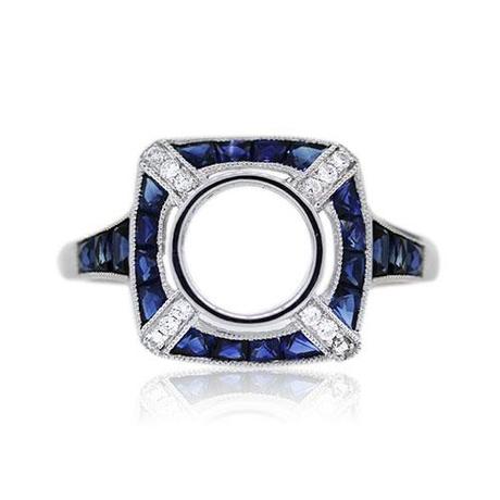 Platinum Art Deco Inspired Diamond and Sapphire Bezel Set Mounting