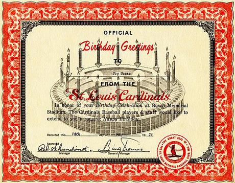Red and white certificate of birthday greetings from the St. Louis Cardinals