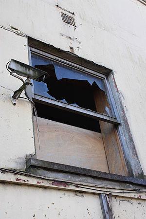 English: Broken window, Bridge Street, Straban...