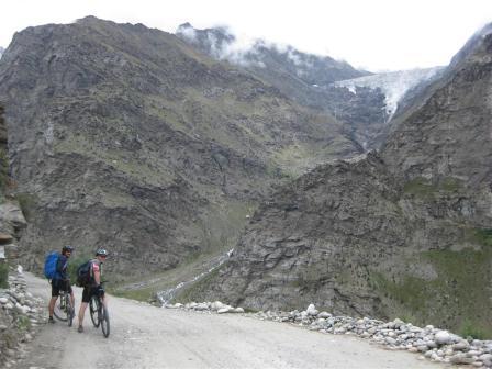 Paul and Carlos marvel at the hanging glaciers which typify this section of the route. 