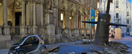 A huge submarine bursts through the streets of Milan