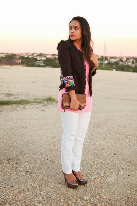 Lulu's Jacket, Victoria Secrets Tank, GAP Jeans, Burberry Clutch, Aldo Sheos, Cracy & Co. Necklace