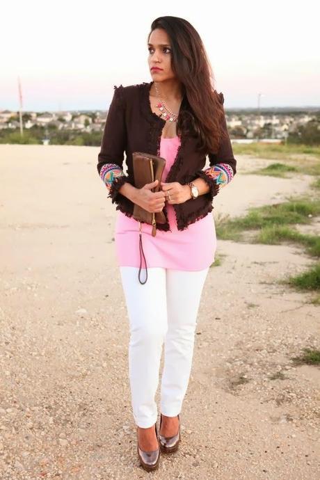 Lulu's Jacket, Victoria Secrets Tank, GAP Jeans, Burberry Clutch, Aldo Sheos, Cracy & Co. Necklace