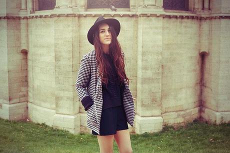 fedora hat with houndstooth jacket