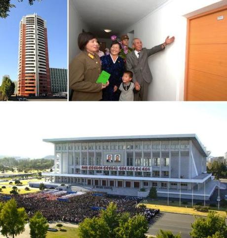 An apartment complex constructed for DPRK athletes with judoka An Kum Ae in front of her apartment  (top) and the ceremony open the renovated Pyongyang Indoor Stadium (Photo: Rodong Sinmun).