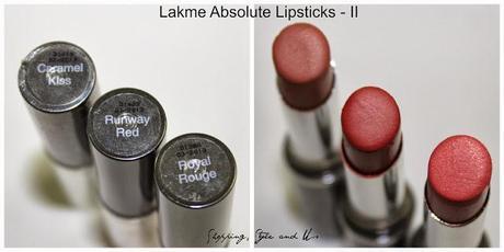  Lakme Absolute Creme Lispticks Caramel Kiss Royal Rouge, Runway Red