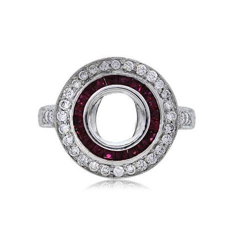 Platinum Vintage Style Ruby and Diamond Engagement Ring Halo Mounting