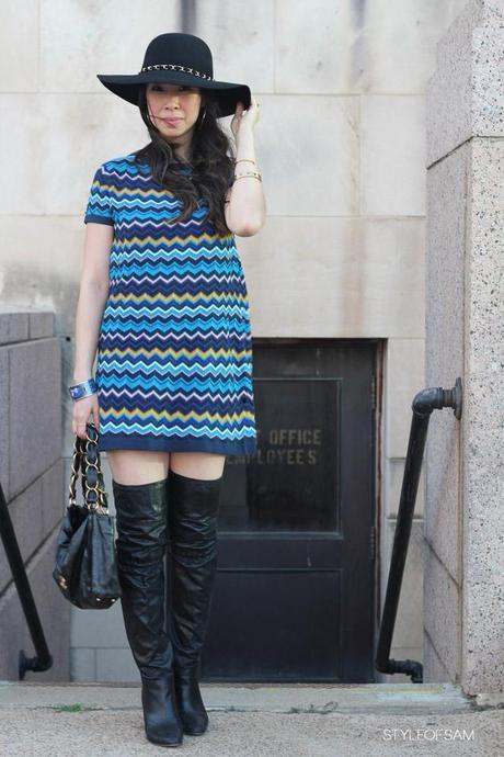 Hats Off to Fall style of sam, marciano floppy hat, missoni for target chevron dress, chanel olson tote, coach over the knee boots, fall fashion, fashion blogger