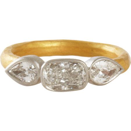 Malcolm Betts Cushion and Pear shaped diamond ring
