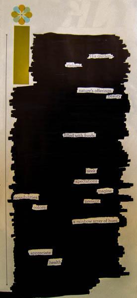 Magazine page with most words blacked out, leaving a poem