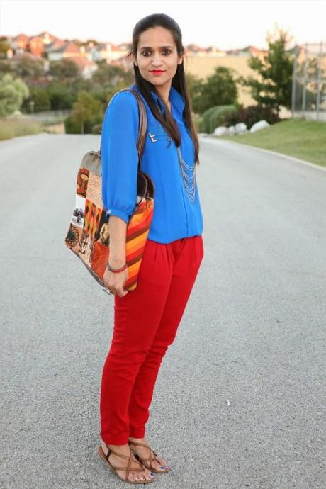 Indigo Blue Tunic, Zara Red Denims, zigi Soho flats, Tanvii.com