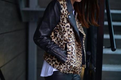 fur leopard and leather sleeves biker jacket