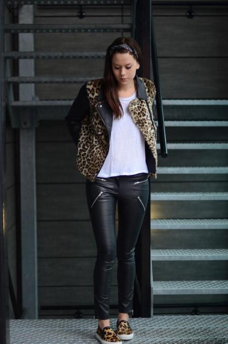 outfit leopard slipons biker jacket leather trousers