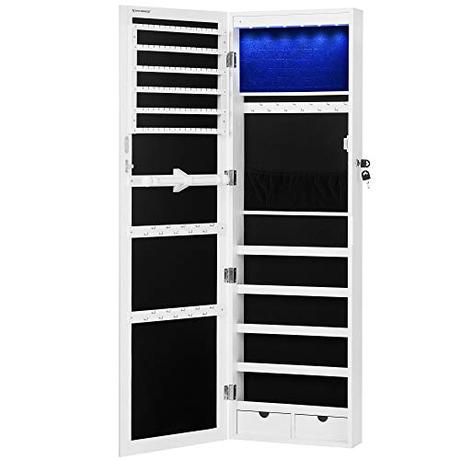 SONGMICS 6 LEDs Mirror Jewelry Cabinet, 47.3'H Lockable Wall/Door Mounted Jewelry Armoire Organizer with Mirror, 2 Drawers, White UJJC93W