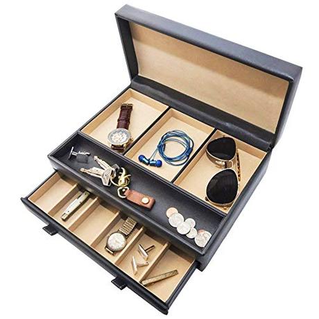 Stock Your Home Watch Box with Valet Drawer for Dresser - Mens Jewelry Box with Multiple Compartments - Jewelry Case Display Organizer for Mens Jewelry Watches, Men's Storage Boxes Holder