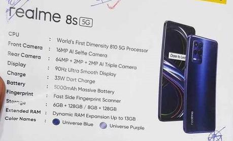 Realme 8s 5G and Realme 8i Specifications leaked ahead of launch
