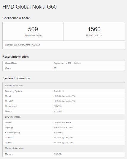 Nokia G50 spotted on Geekbench, key specifications revealed